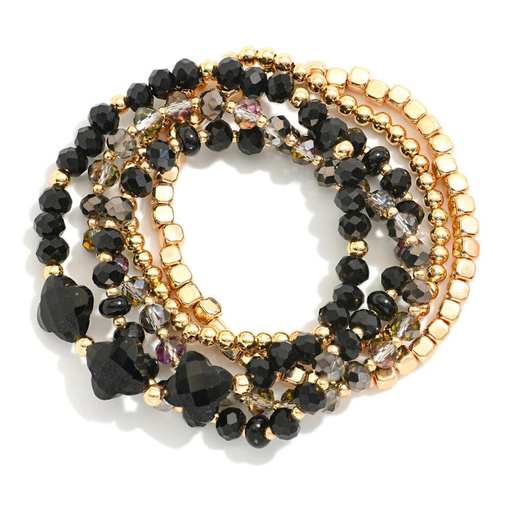 Set Of Five Beaded Stretch Bracelets Faceted Stone Clovers Black